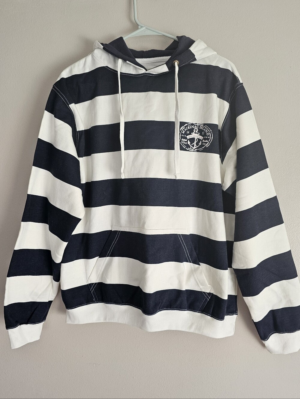 Men’s XL Nautical Hoodie – White/Navy Stripes, Mackinac Island Anchor Logo NWOT